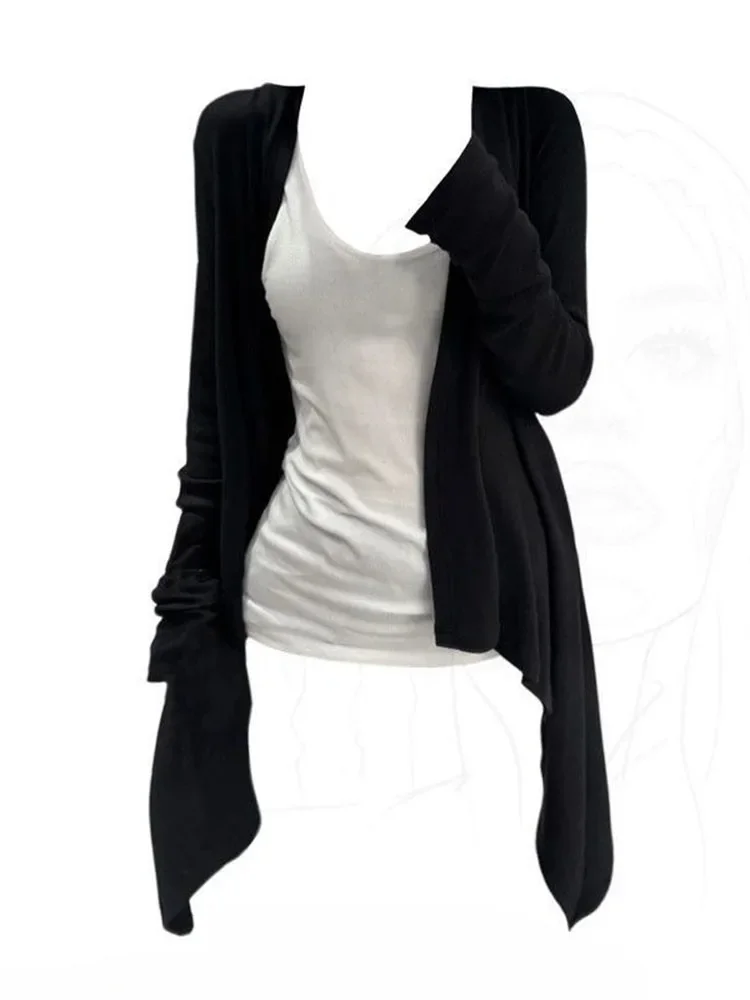 

Korean Irregular Black Cardigan Two Piece Sets Style Women's Vest Y2k 2025 Long Sleeve Loose Knitted Tops Pull Femme