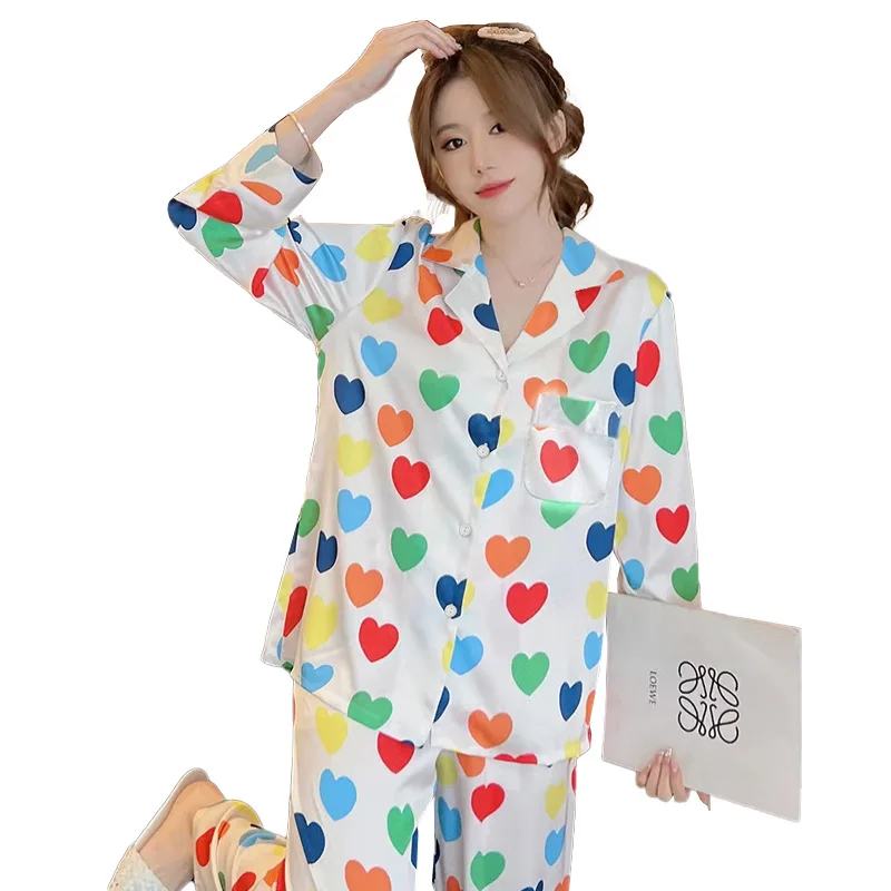 Women\'s Pajamas Sets Spring Autumn 2 Piece Heart Print Pyjama Faux Silk Satin Sleepwear Long Sleeve Pijama Mujer Pjs Homewear