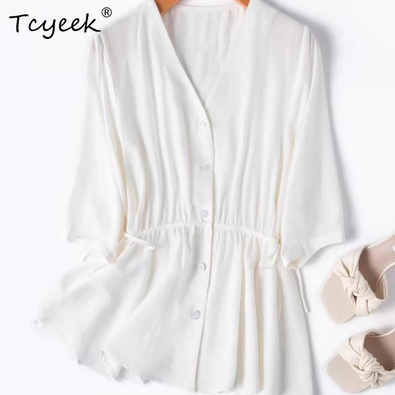 

Рубашки из 100% натурального шелка Tcyeek для женщин, весенне-летняя одежда, элегантные женские топы, белая рубашка, повседневные рубашки для женщин