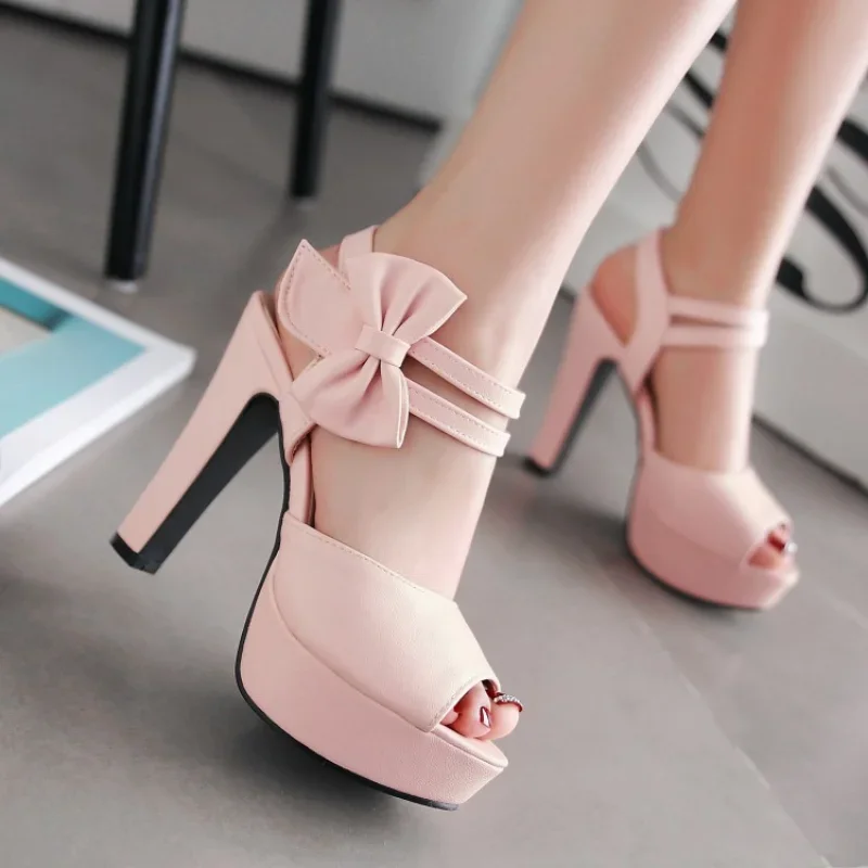 Sandals Female Summer 2024 New High-heeled 13cm Fish Mouth Shoes Bow Sexy Rough with Waterproof Platform Roman Women's Shoes