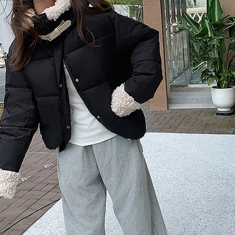 Giacca invernale da donna in cotone con cappuccio a collo alto in lana di agnello a maniche lunghe coreana anni '90 High Street Retro Calore Giacca anni 2000