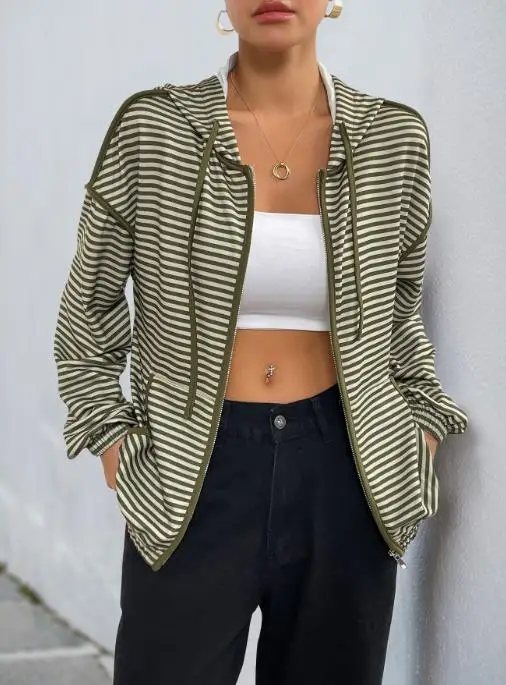Women Coat Latest Hot Selling Fashionable 2025 New Autumn Zipper Cardigan Korean Lazy Style Hooded Striped Women's Casual Jacket