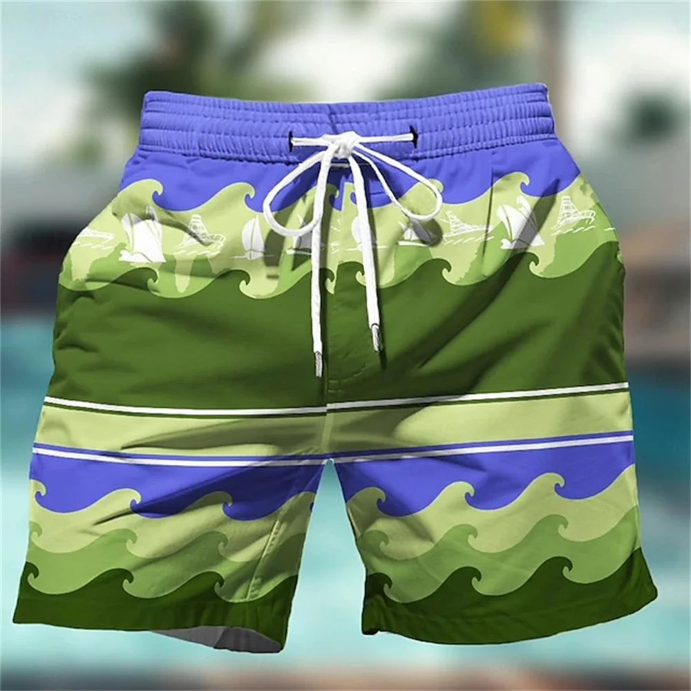 All New Gradient Color Men's Swimming Shorts Quick-drying Beach Shorts With Pockets Drawstring Men's Wave Print Fashion Swimwear