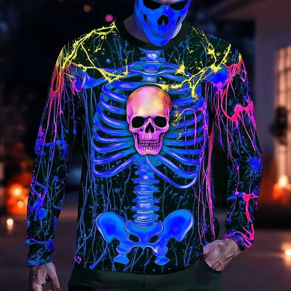 

Halloween Skeleton Printed Long Sleeve T-Shirts for Men Gothic Trendy Streetwear Casual Tops Halloween Theme Casual Tees