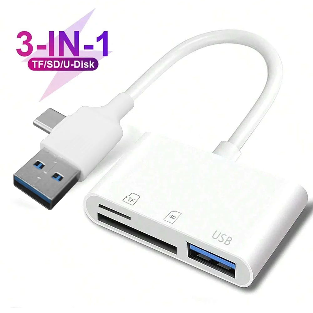 

3-в-1 SD/TF Card Reader OTG Адаптер USB A/C к SD/TF/USB Подходит для iPhone 16 15 ПК Ноутбук Samsung Xiaomi Для TypeC