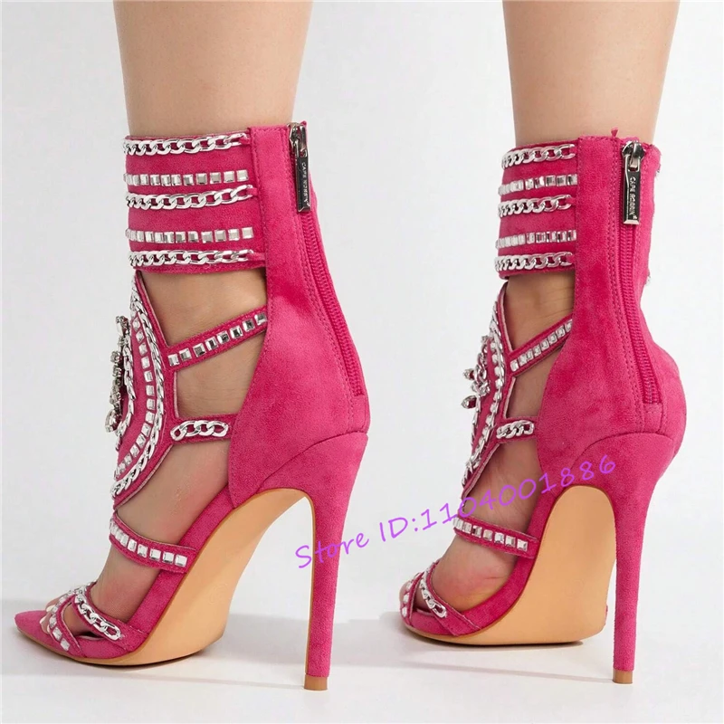 صنادل بكعب ستيليتو من حجر الراين باللون الأحمر الوردي للنساء من جلد الغزال بمقدمة مدببة وسحاب خلفي وكعب عالي فاخر وسلسلة كريستالية أحذية الحفلات #3