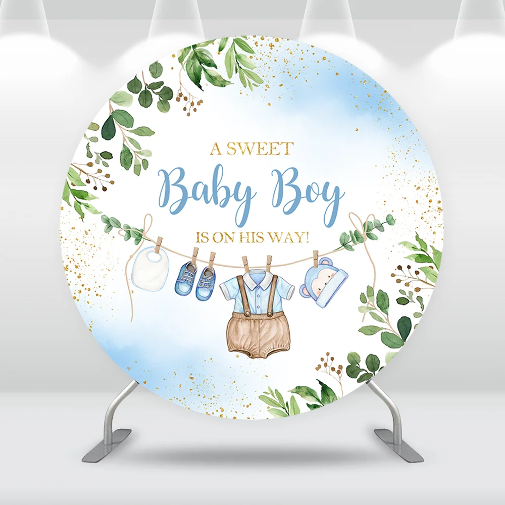 Sweet Baby Boy Baby Shower Round Backdrop Blue Greenery Baby Shower Party Decoration Frist Birthday Background Wall 2-Sided