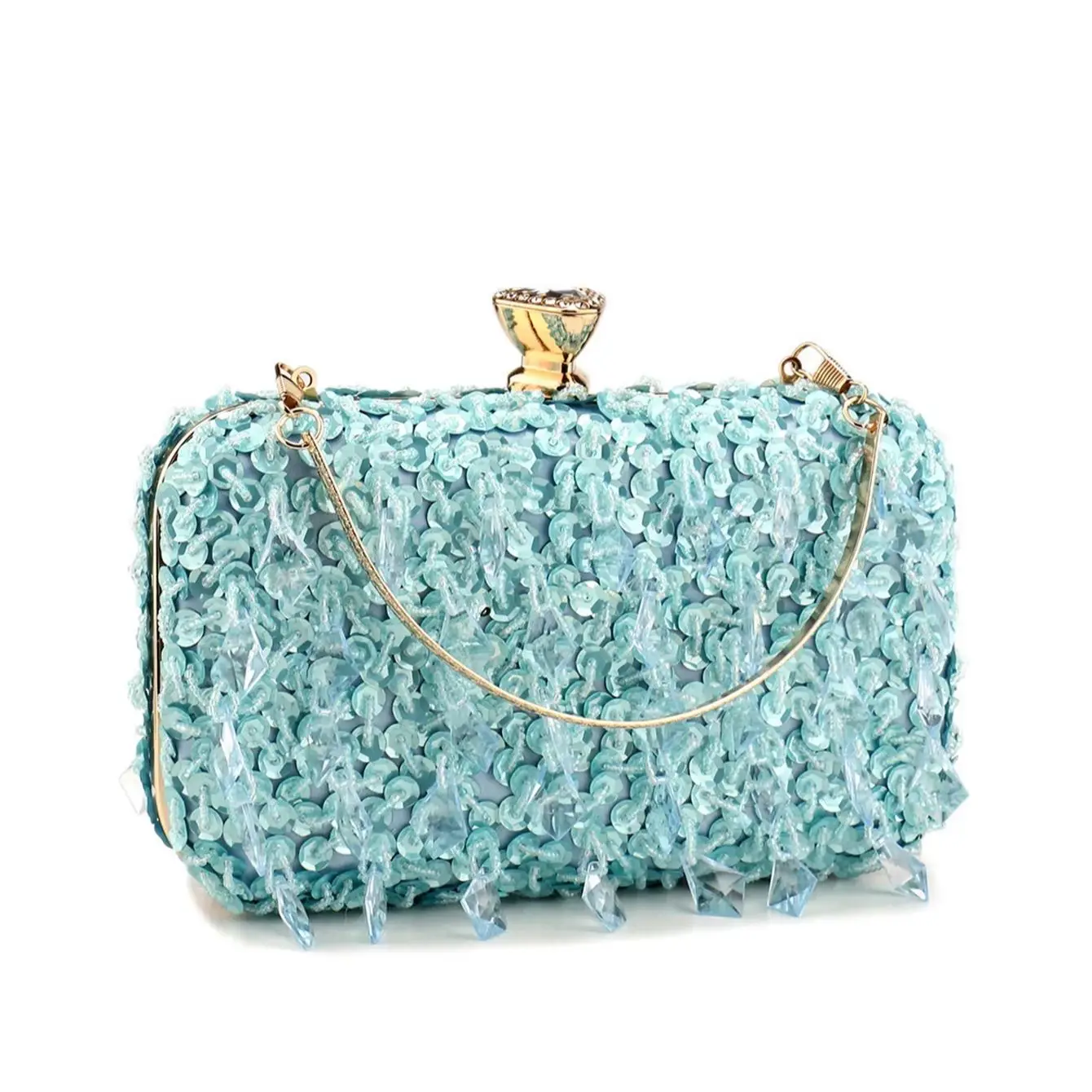 Sky Blue Color Tassel Evening Bags Embroidery  Clutch Bags Flap Fashion Crown Glitter Acrylic Beading Handbags With Shoulder view 5