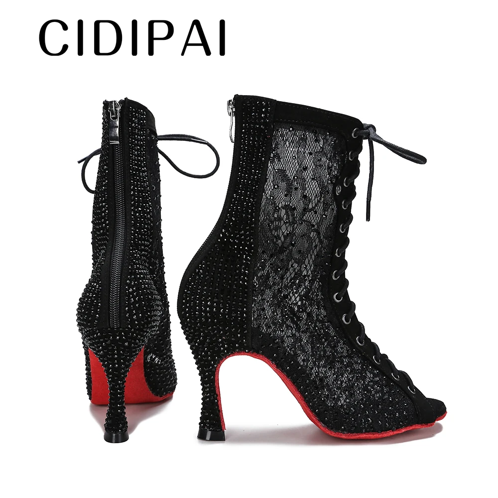 CIDIPAI-Botas de baile altas para mujer, zapatos de baile de salón, zapatos de baile latino de malla de encaje, botas de baile de fiesta negras,