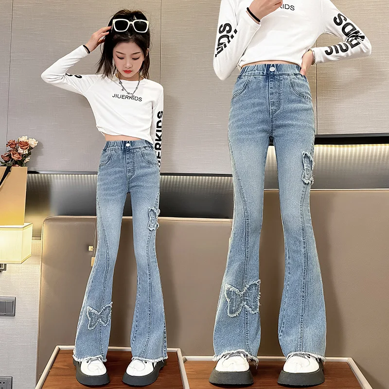Elegant Children Slim Fit Flare Jeans with Butterflies for Teen Girls Fashion Street Style Bootcut Denim Pants Kids Trousers