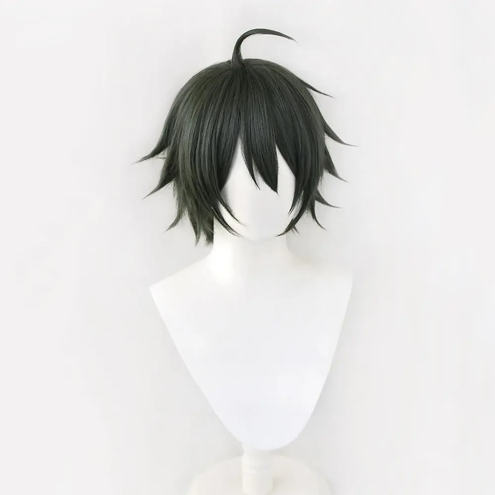Anime Cosplay Wig Short Dark Green Hair Straight Hair Layered Wig with Bangs Heat Resistant Synthetic Hair Halloween Party Wigs