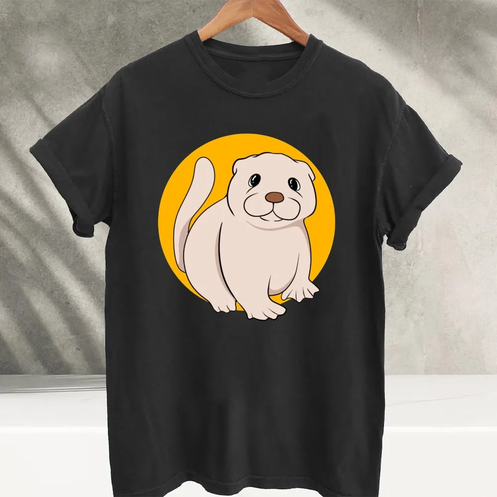 Cute Cartoon Otter Yellow Circle Graphic T‑Shirt Short Sleeve Tees Sweet Kawaii Sea Otter Animal Print Soft Cotton Casual Tops