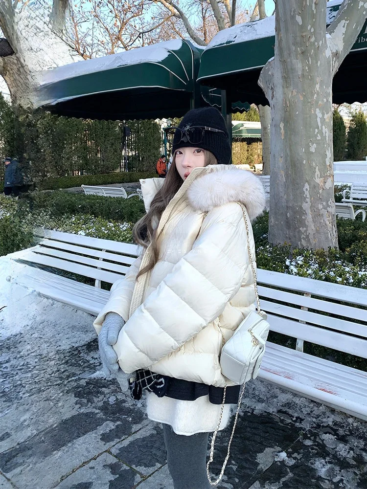 

New National Stand White Du down ort Coat Women's Winter Jaet with Fur Collar Detachable Korean Sle Commute Wind