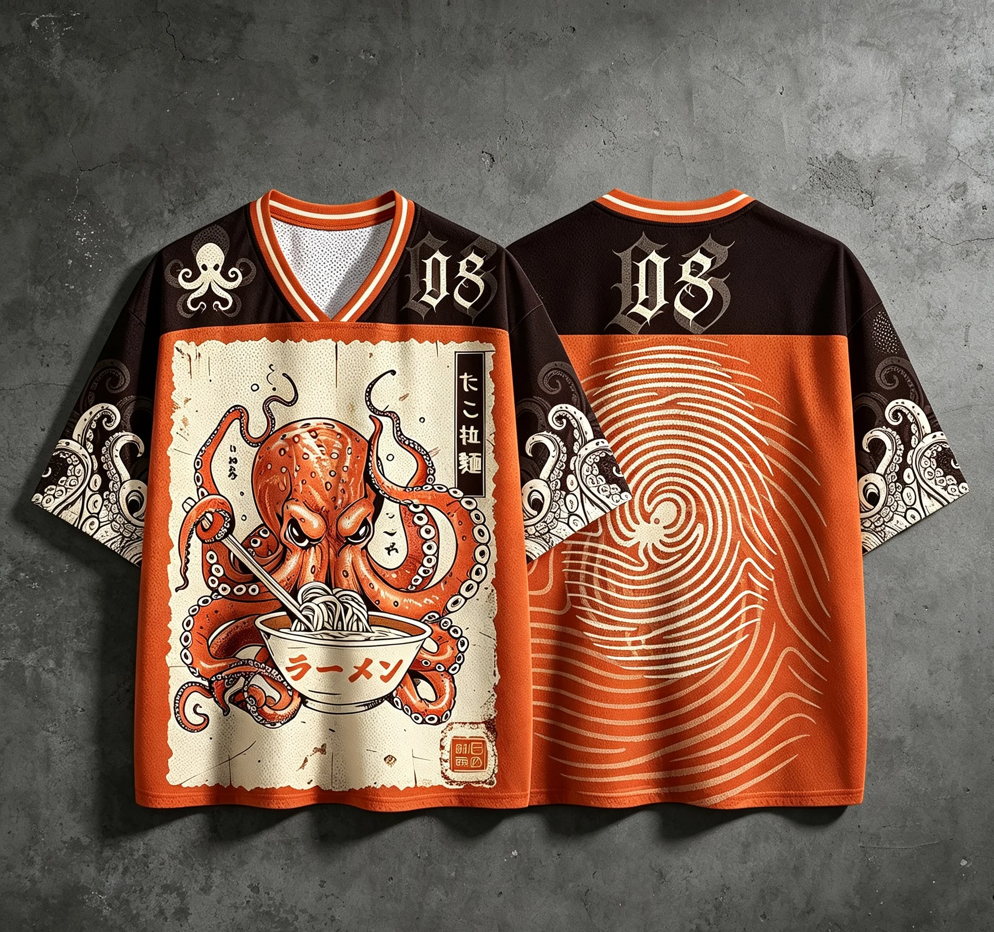 2026 Summer Fashion New Japanese Octopus Lamian Noodles 3D Printing Loose Street Punk Outdoor Leisure Fitness V-neck T-shirt