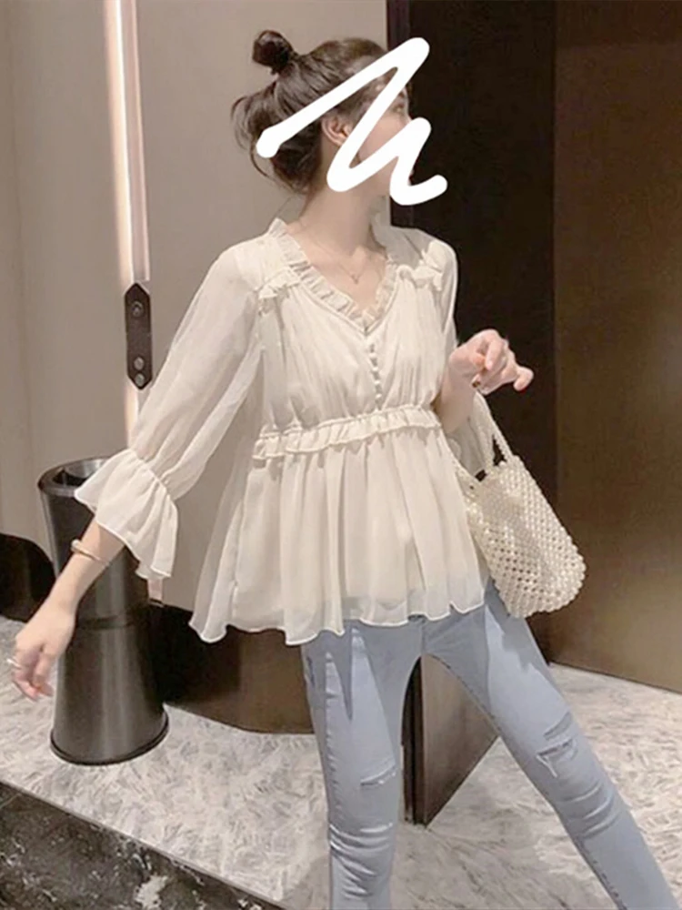 

Chic V-Neck Short-Sleeve Women's Chiffon Shirt Summer New Style Cute Doll Top Ultra-Fairy Korean Style Bubble Sleeve Pure Color