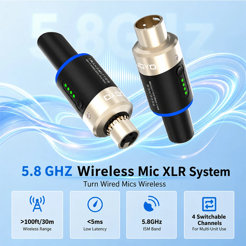 JOYO MW-1 5.8Ghz Wireless Mic System 4 Channels 5Ms Latency Plug and Play Wireless Microphone Receiver for XLR Dynamic Mics