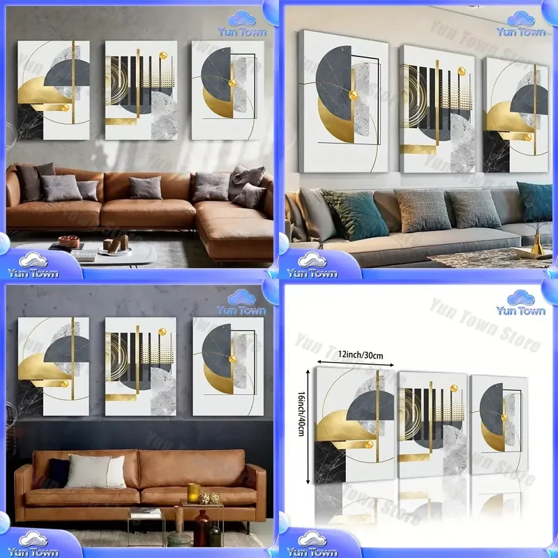 3 Piece Framed Abstract Geometric Canvas Wall Art for Modern Minimalist Home Decor Gray Black Gold Foil Print Large Size Wall