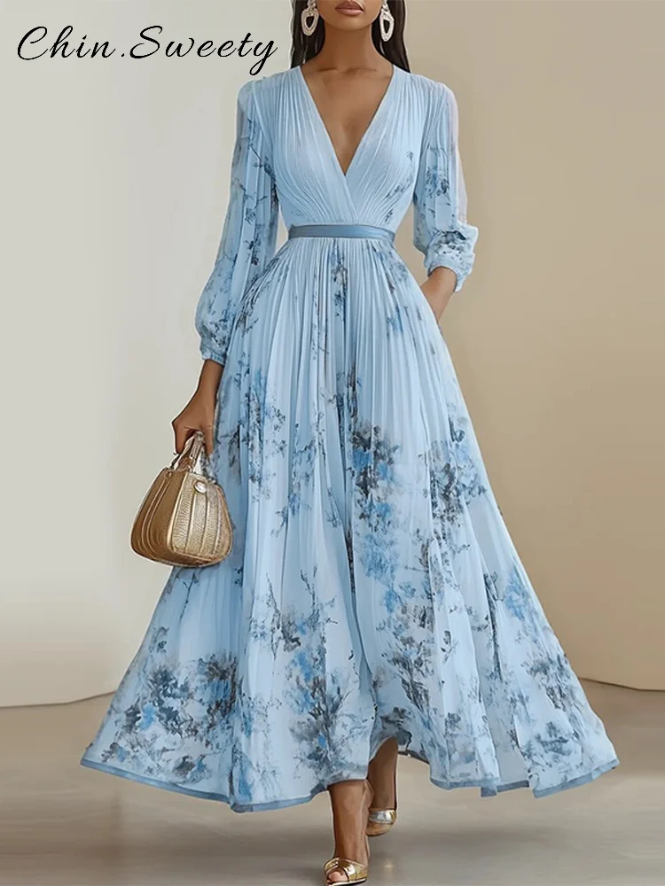 Elegant Printed Long Pleated Dress Women Deep V-neck Full Sleeve Ruched Dresses Female 2025 Summer Lady Vacation Holiday Robes