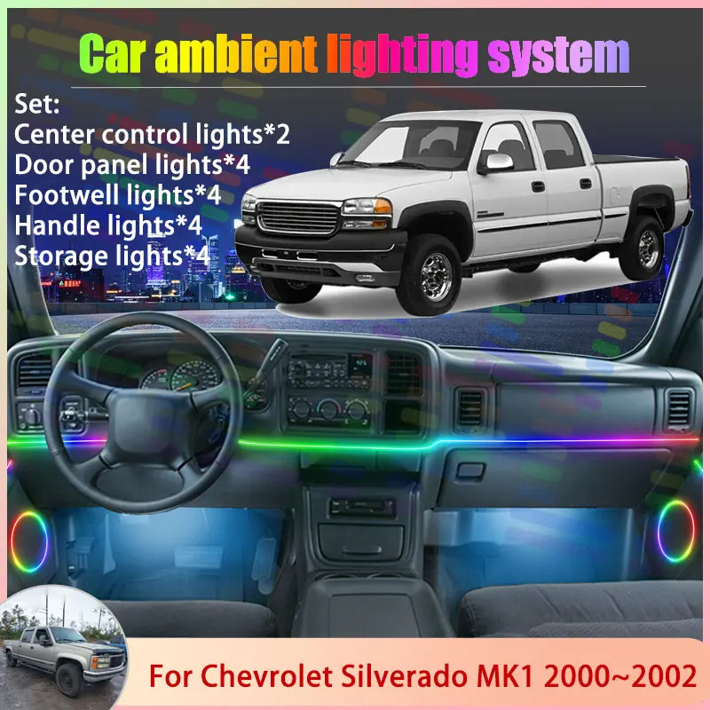

Для Chevrolet Silverado MK1 GMC Sierra 2000 ~ 2002 2/18 в 1, автомобильная атмосферная лампа, RGB абажур, ансамбль, стример, атмосферный набор