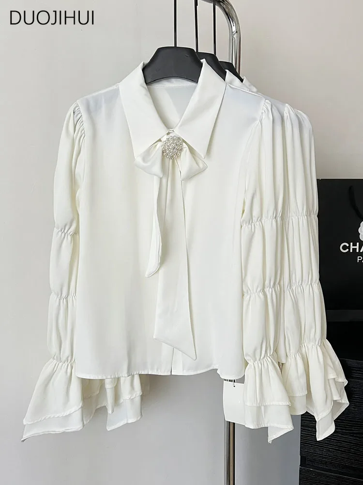 

DUOJIHUI New Sweet White Chic Bow Elegant Female Shirt Classic Pure Color Fashion Long Sleeve Straight Casual Simple Women Shirt