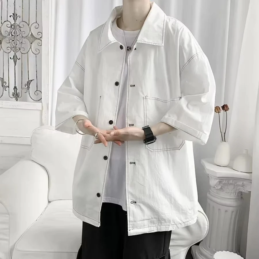 

Fashion New Men's Loose Casual Half Sleeve Shirts Harajuku High Street Simple All-match Shirt Coats Vintage Cargo Shirts for Men