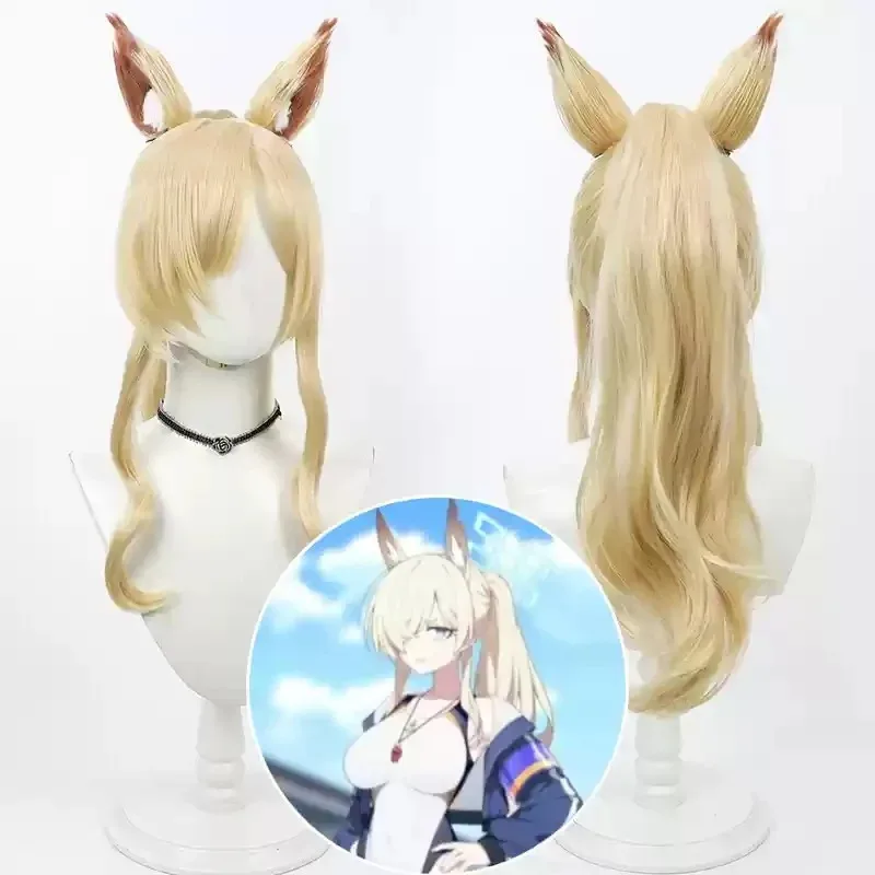 Peluca de Cosplay de archivo azul Ogata Kanna con orejas, cola de caballo rubia de 60cm, pelo sintético resistente al calor, fiesta de rol de Halloween