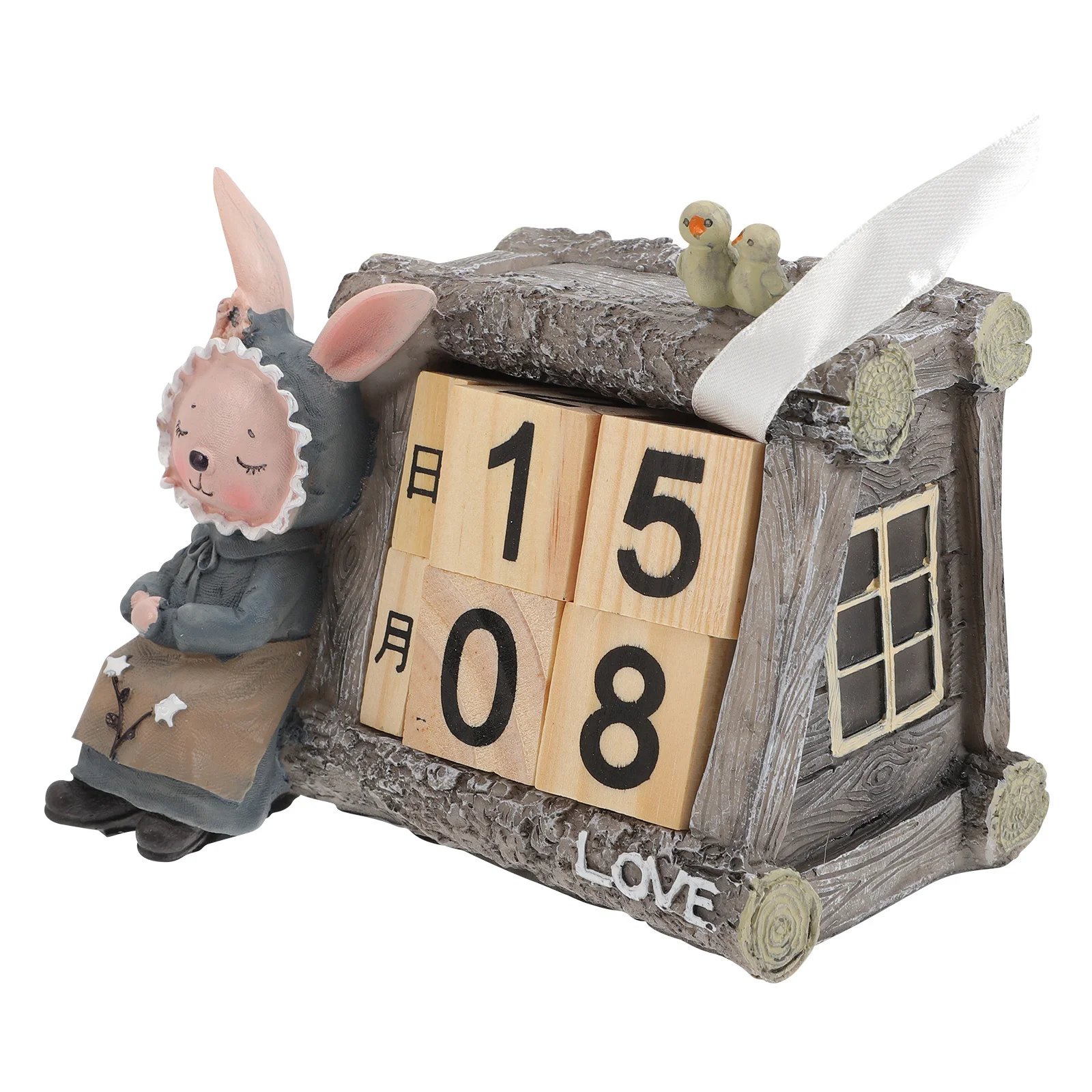 

Adorable Desktop Calendar Wooden Block Rustic Decor Cartoon Rabbit Design Reusable Date Month Display Christmas Gift