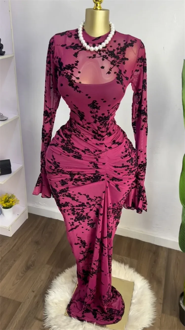 Vestido largo ajustado de manga larga para mujer, malla fruncida transparente con forro, vestidos de fiesta sexys para noche de otoño y cumpleaños
