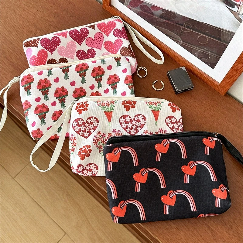 Girl Heart Printed Wrist Cosmetic Bag Large Capacity Portable Handheld Wash Bag Simple Makeup Storage Bag
