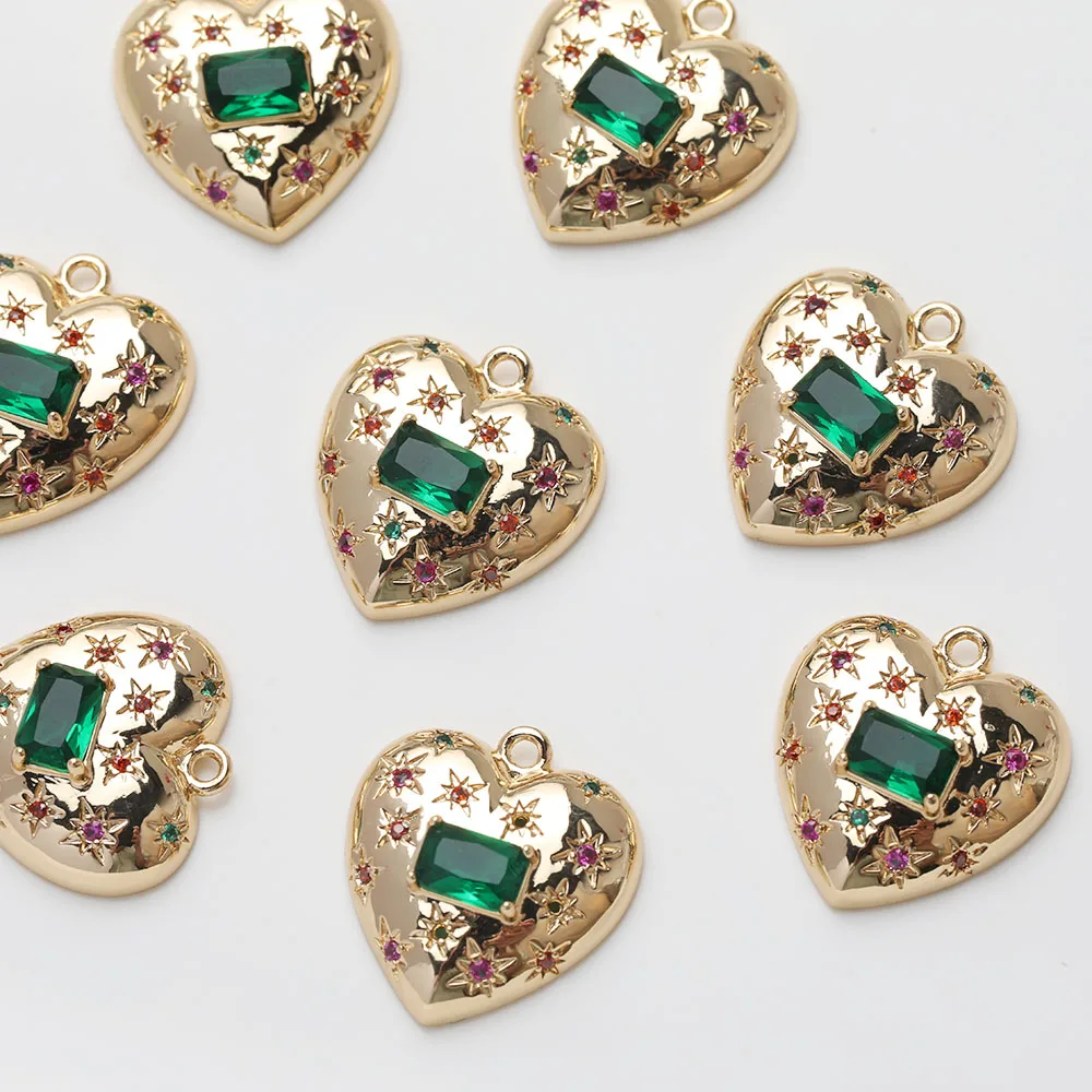 2PCS 14K Gold Plated Colorful Zircon Heart Pendant Brass Jewelry DIY Making Supplies Material Accessories