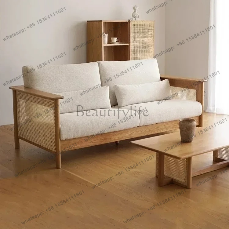 

LJYJapanese-style solid wood rattan French fabric sofa log ins style modern small apartment living room double triple