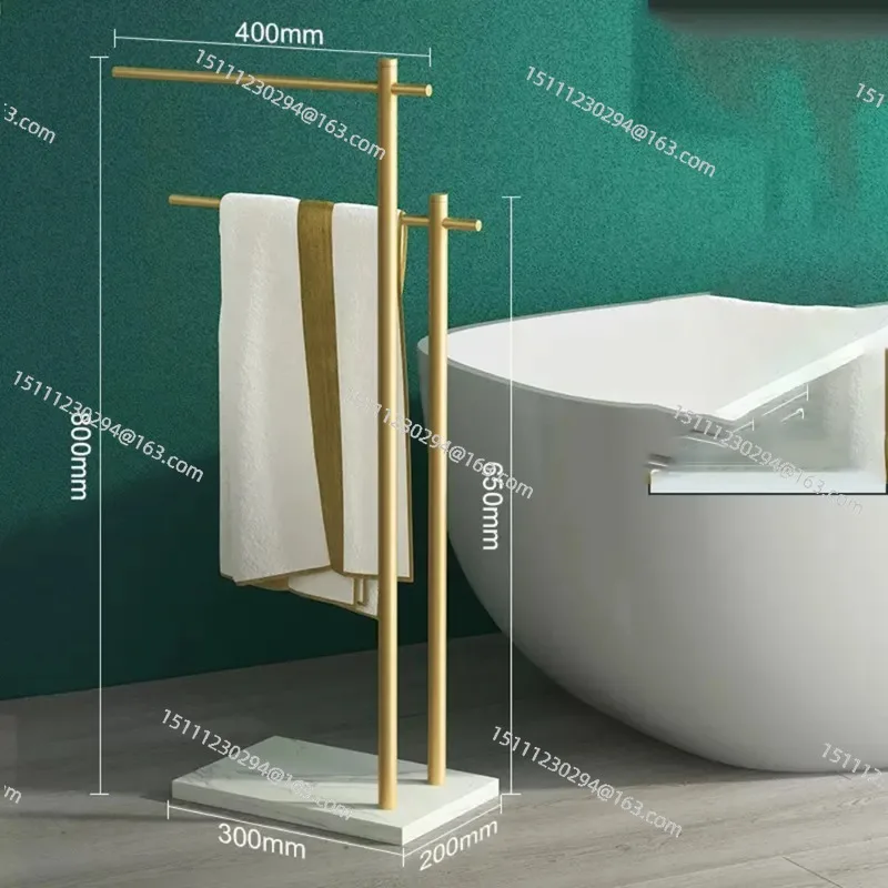 

Black Gold Marble Floor Standing Towel Rack, Double Bar Bathroom Towel Holder with Drying Storage Shelf