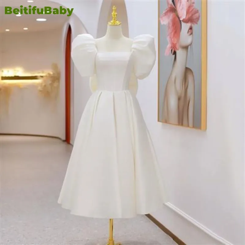 BeitifuBaby Vintage Women's  Evening Party Dresses Short-sleeved A-line Stain Skirt Bow Ball Gown Formal Dress for Women Vestido