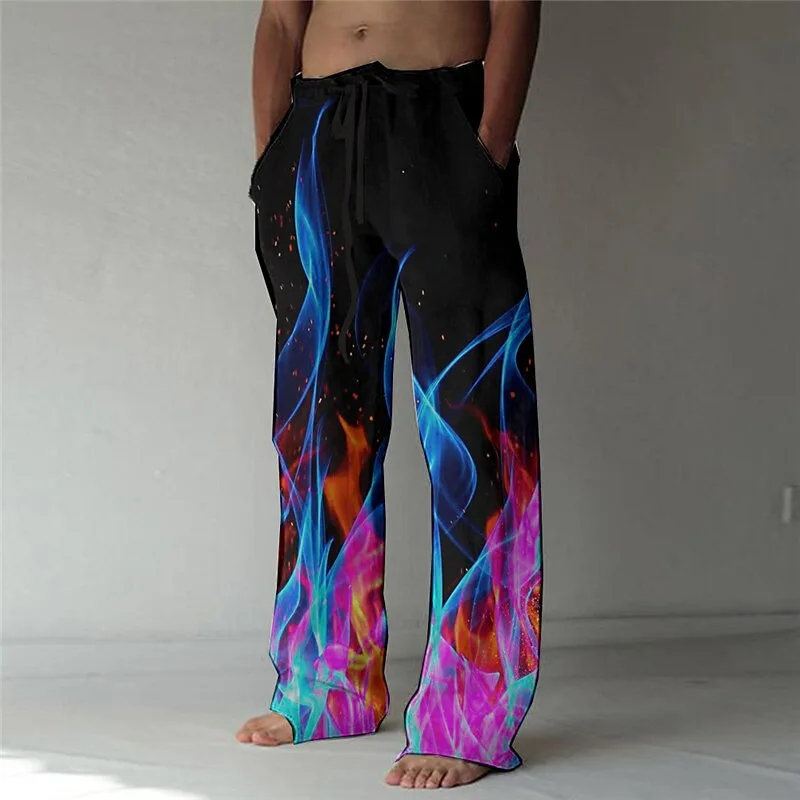 

New cross-border drawstring elastic waist straight leg pants with flame pattern 3D printed casual oversized sports pants