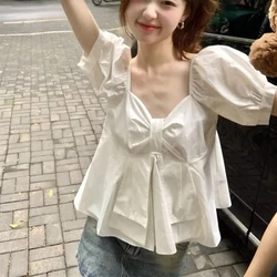 Ruffles Shirts and Blouses for Women Fashion Top Female Square Collar Shirts Korean Style Bow Short Sleeve Blouse White Clothes