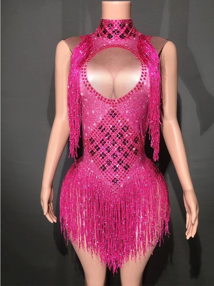 Traje de dança DJ Jazz para mulheres, bodysuit boate, roupa Rave, strass brilhante, borla elástica, sem mangas Show Leotard