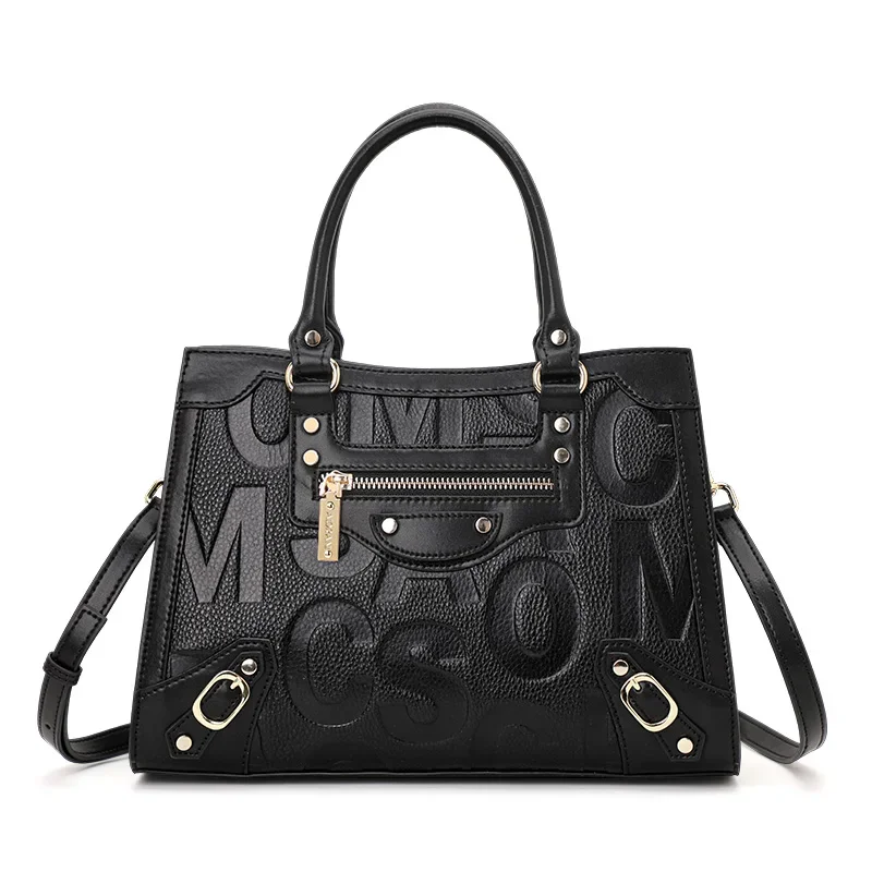 Aidrani Genuine Leather Cowhide Women\'s Bag Fashion Letter Black Handbag Tote Bag Shoulder Large Capacity Ladies\' Bag