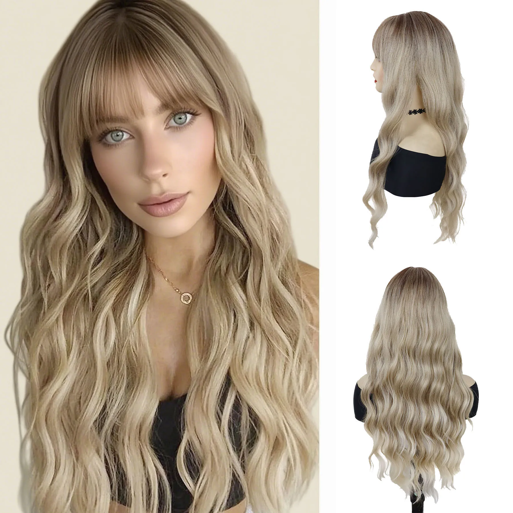 

Synthetic Blonde Mix Brown Wig Long Wavy Wig for Women 28 Inch Curly Wigs with Bangs Natural Looking Heat Resistant Daily Party