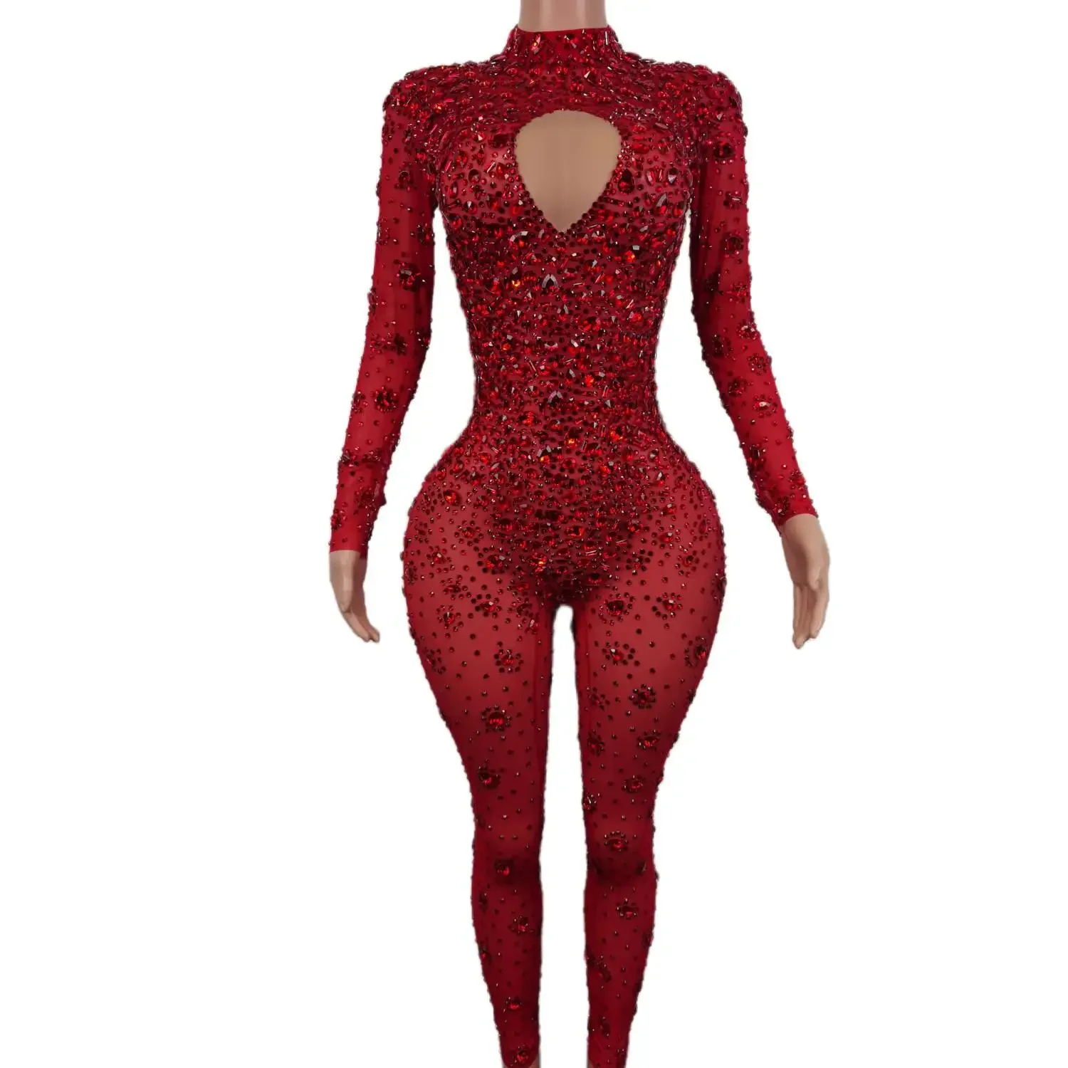 เซ็กซี่เพชรสีแดงผู้หญิง One-piece Jumpsuit แฟชั่นปาร์ตี้ Dance Club Slim Bodysuit STAGE เครื่องแต่งกายวันหยุดเสื้อผ้า