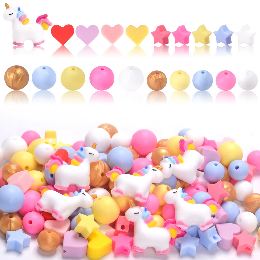 LOFCA 60pcs Silicone Unicorn Heart Star Round Beads Set For DIY Bracelet Necklace Keychains Phone Charms Jewelry accessories
