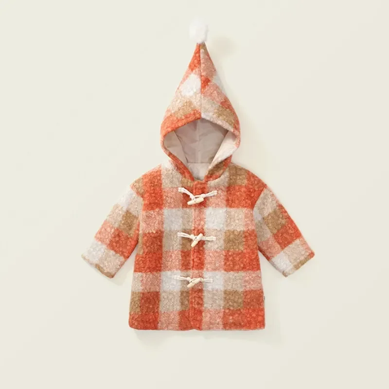 Baby Girl Princess Lamb Hair Cow Horn Button Hooded Plaid Jacket Toddler Child Winter Woolen Coat Thick Warm Baby Clothes 1-10Y