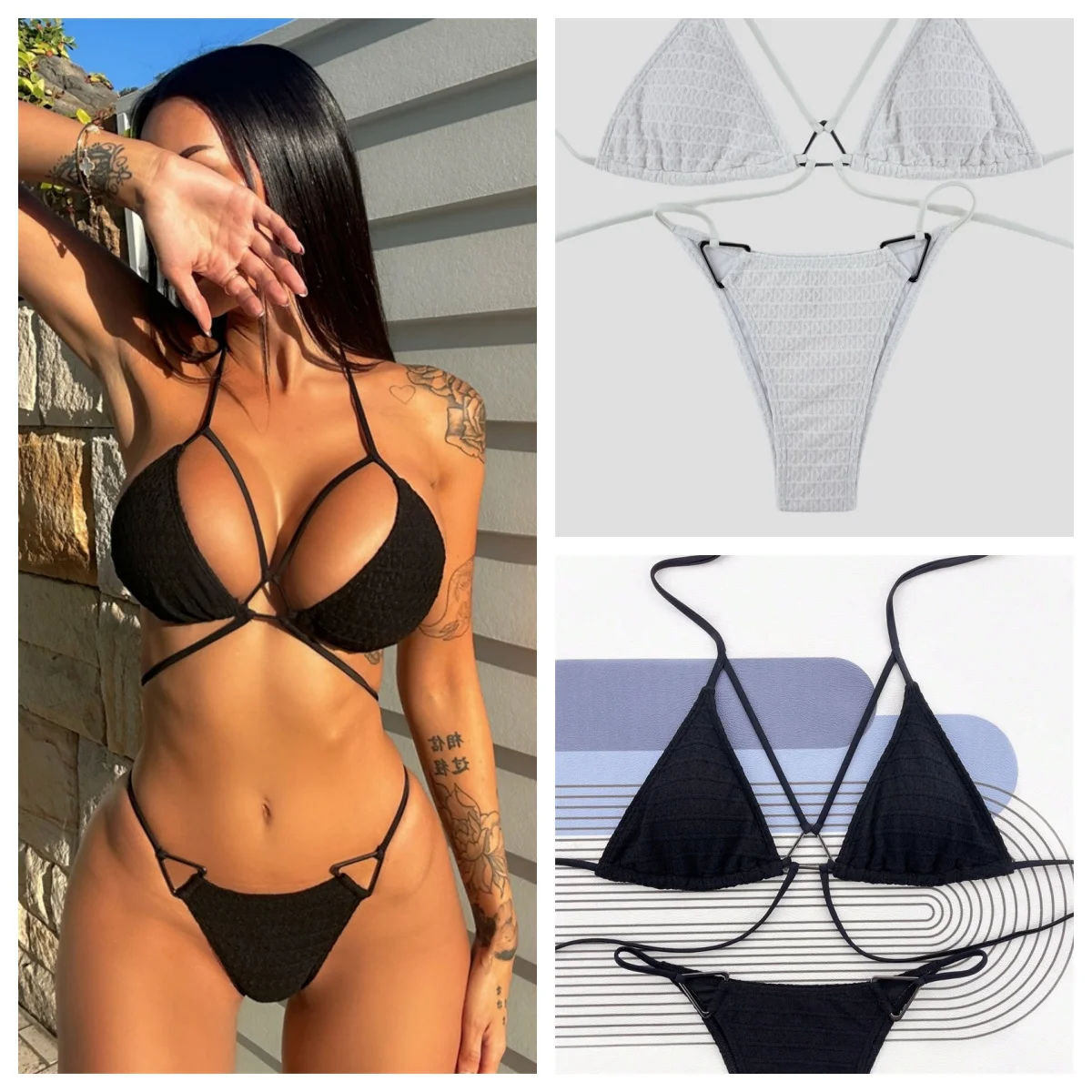 Sexy Bikini Set schwarz Badeanzug Cartoon Mode einfarbig Frauen Badeanzug Sommer Beach wear Party Bikini Anzug