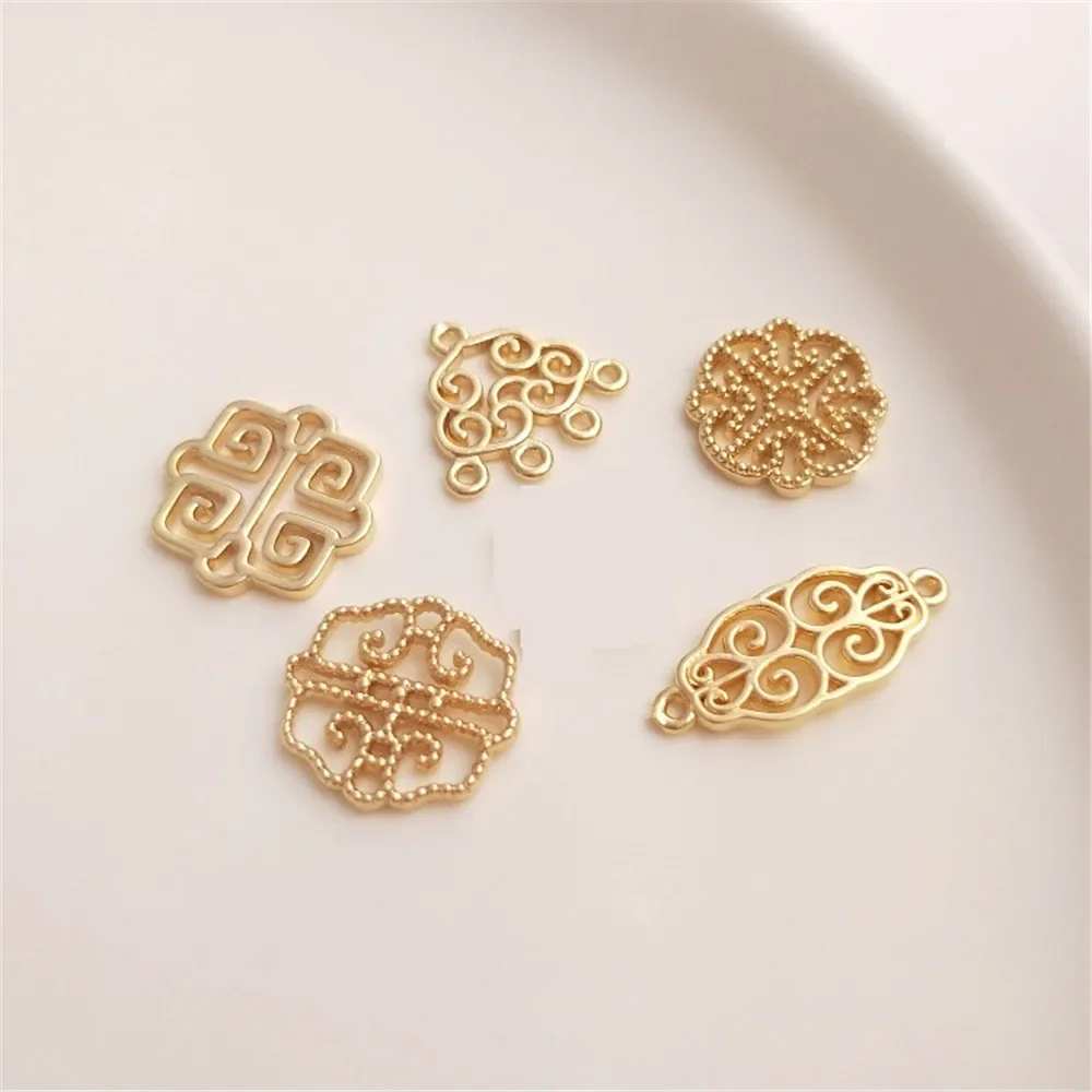 Colgante de oro de 14K chapado en cobre, tótem de flor hueca, doble colgante, pendientes diy, accesorios de pulsera