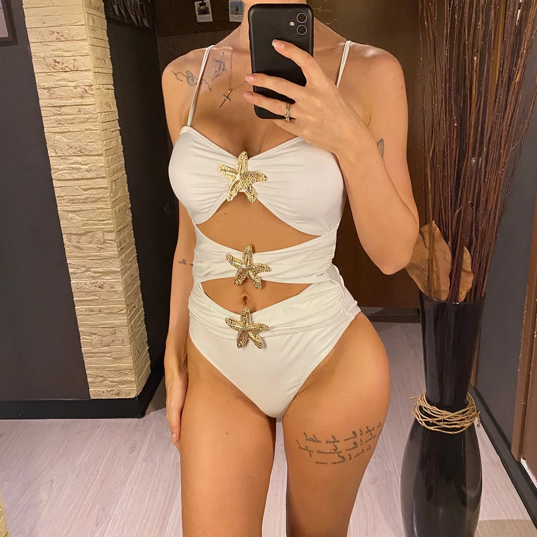 2026 Neuer Sexy Cut-Out Metallstern Damen-Badeanzug Einteiliger Badeanzug mit hohem Beinausschnitt Monokini Badebekleidung Badeanzug V6281 – Detail 3