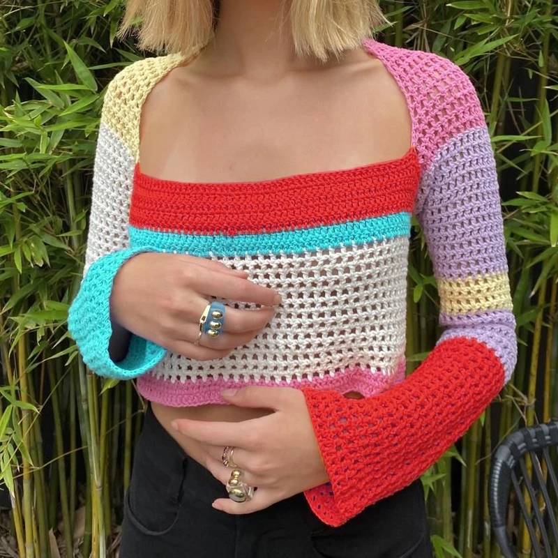 

Women Crochet Knit Crop Tops Women Sweaters Color Block Hollow Out Shirt Long Sleeve Square Neck Blouse Y2K Cute Female Knitwear