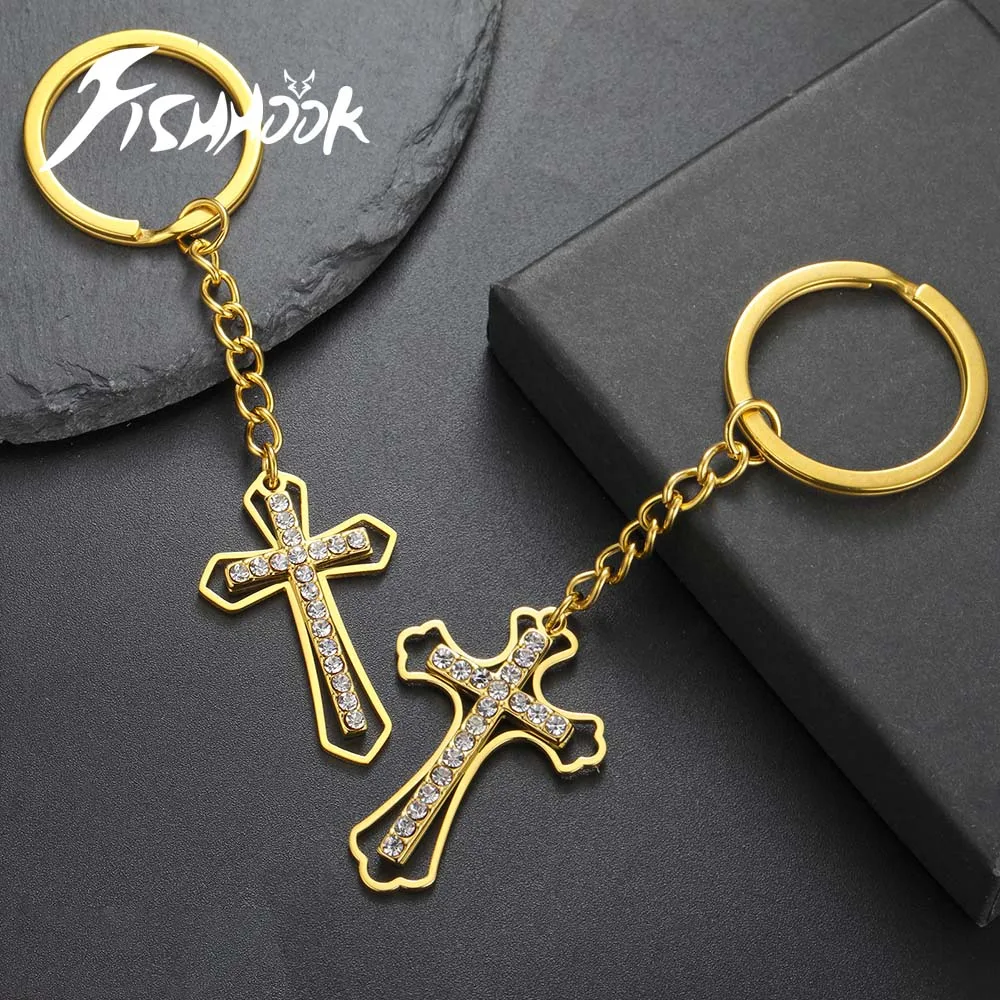 Cross Keychain Supernatural Amulet Gift For Women Men Father Dad Christ Zircon Crystal Stainless Steel Key Chain Ring Jewelry