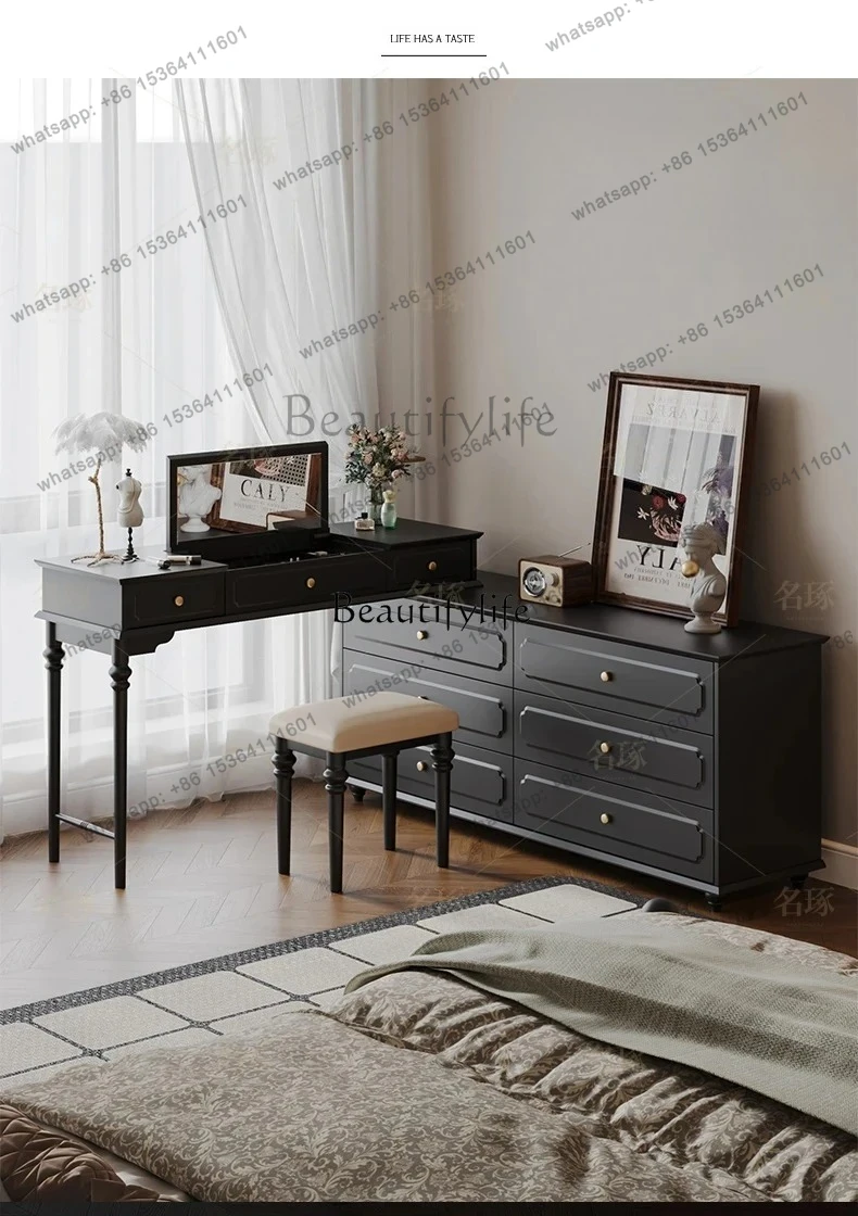 

American retro master bedroom, end of bed, chest, dresser, integrated antique black flip dresser, mirror