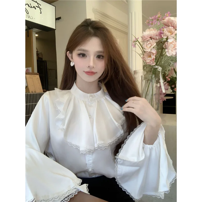 

Temperament Chiffon Lace Flared Sleeve Shirt for Women New High-end Loose Slimming Ruffle