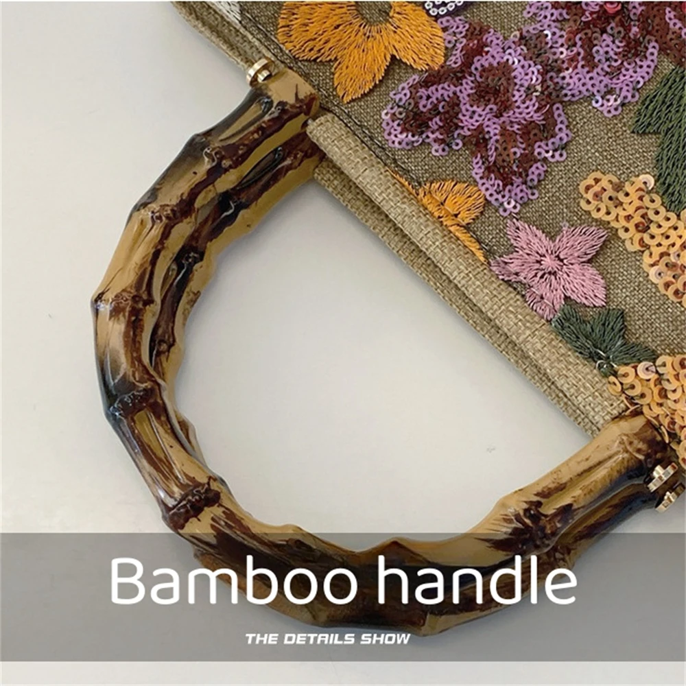 Bamboo Handle Embroidery Shopping Bag Retro Ladies Lace Weaving Tote Colorful Sequins Cotton Linen Woven Handbag with Inner Bags