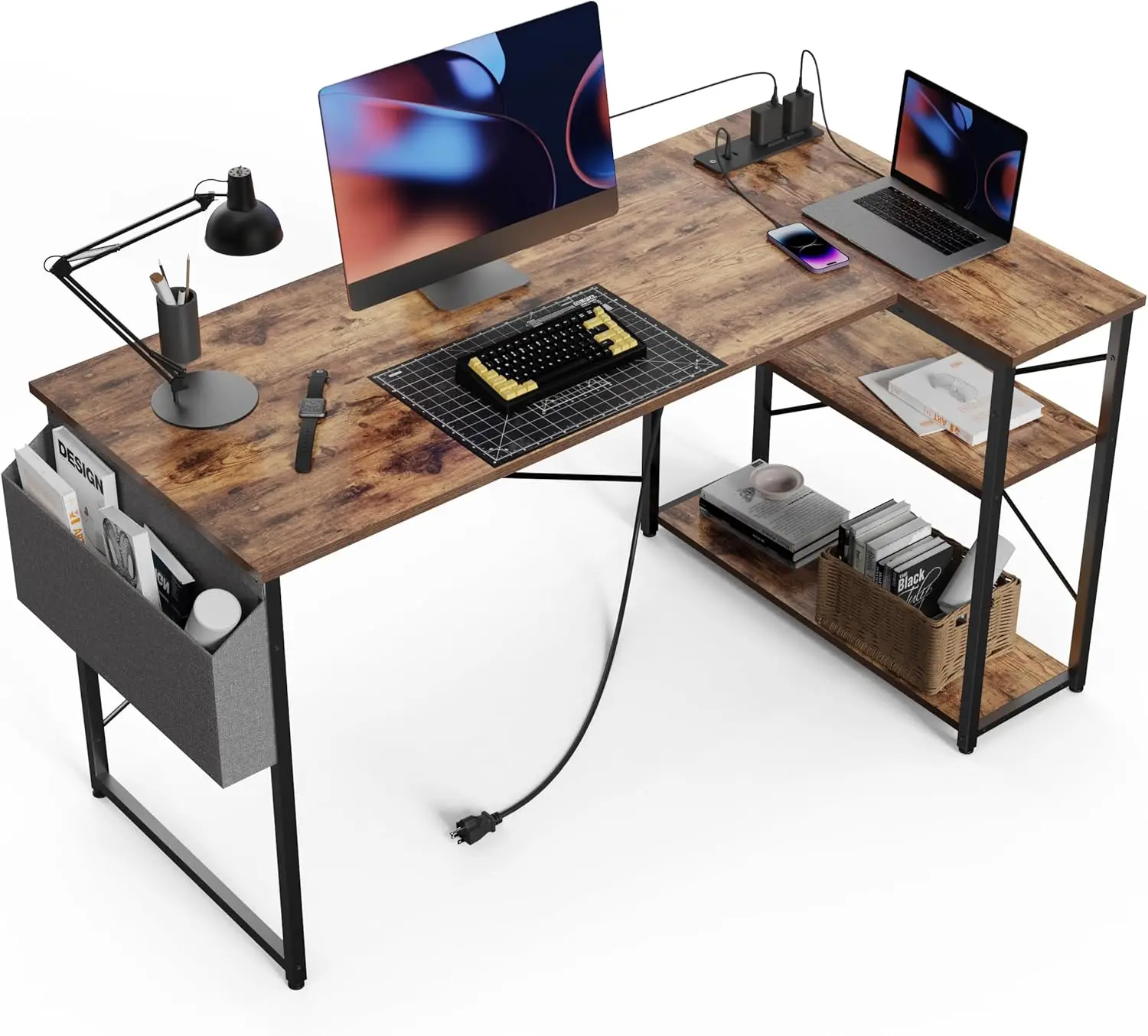 L-shaped computer desk with power outlet, 47 inch small corner desk with reversible bookshelf, computer desk, country brown